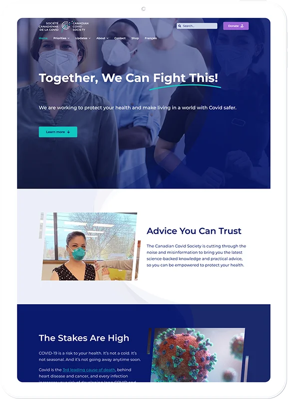 Canadian Covid Society website on a tablet: homepage with public health messaging for Canadians