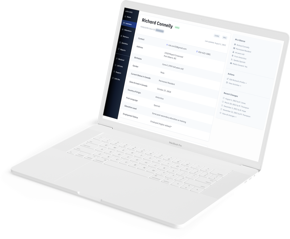 The Literacy Alberni client management system: a client profile showing contact details, program enrollment, and activity history