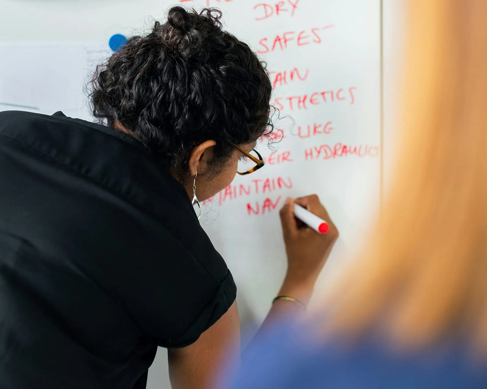A woman mapping out project priorities on a whiteboard