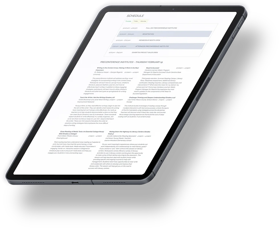 SCIRA conference schedule on a tablet: sessions and speakers laid out for attendees